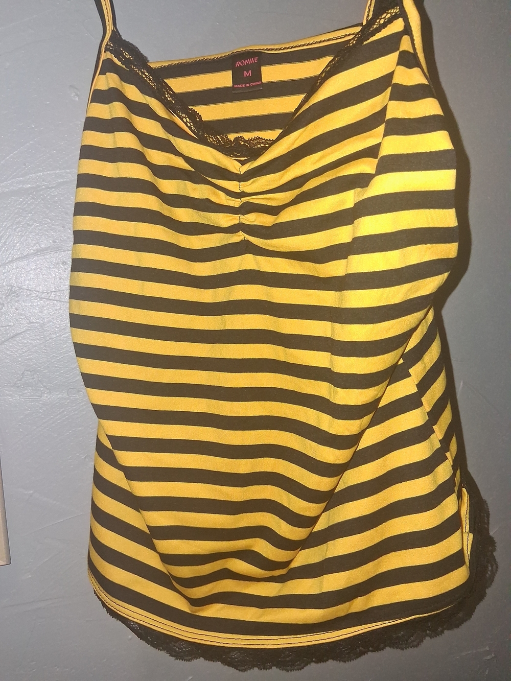 ROMWE Yellow and Black Striped Lace-Trim Cami
